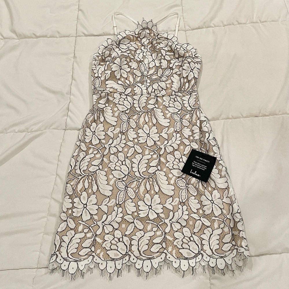Lulus Delicate Darling Beige and Ivory Lace Bodycon Dress